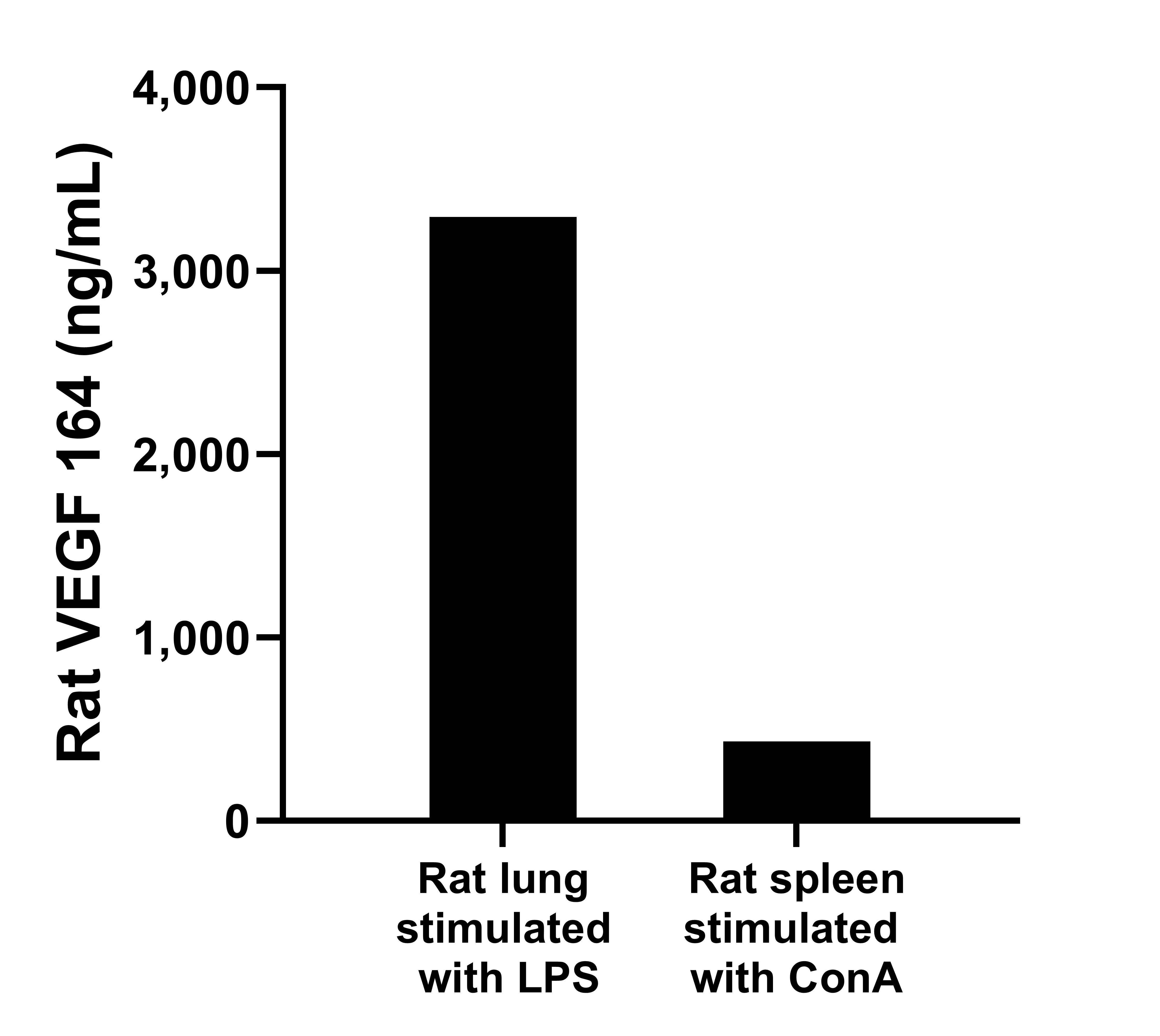 Rat lung, cut into 1-2 mm pieces, was cultured for 4 days in 25-30 mL of RPMI supplemented with 10% fetal bovine serum and  stimulated with 2.5 ng/mL LPS. The cell culture supernatant was removed, assayed for rat VEGF, and measured 3292.9 pg/mL.
Rat spleen, cut into 1-2 mm pieces, was cultured for 3-4 days in 25-30 mL of RPMI supplemented with 10% fetal bovine serum and stimulated with 10 μg/mL ConA. The cell culture supernatant was removed, assayed for rat VEGF, and measured 433.1 pg/mL.